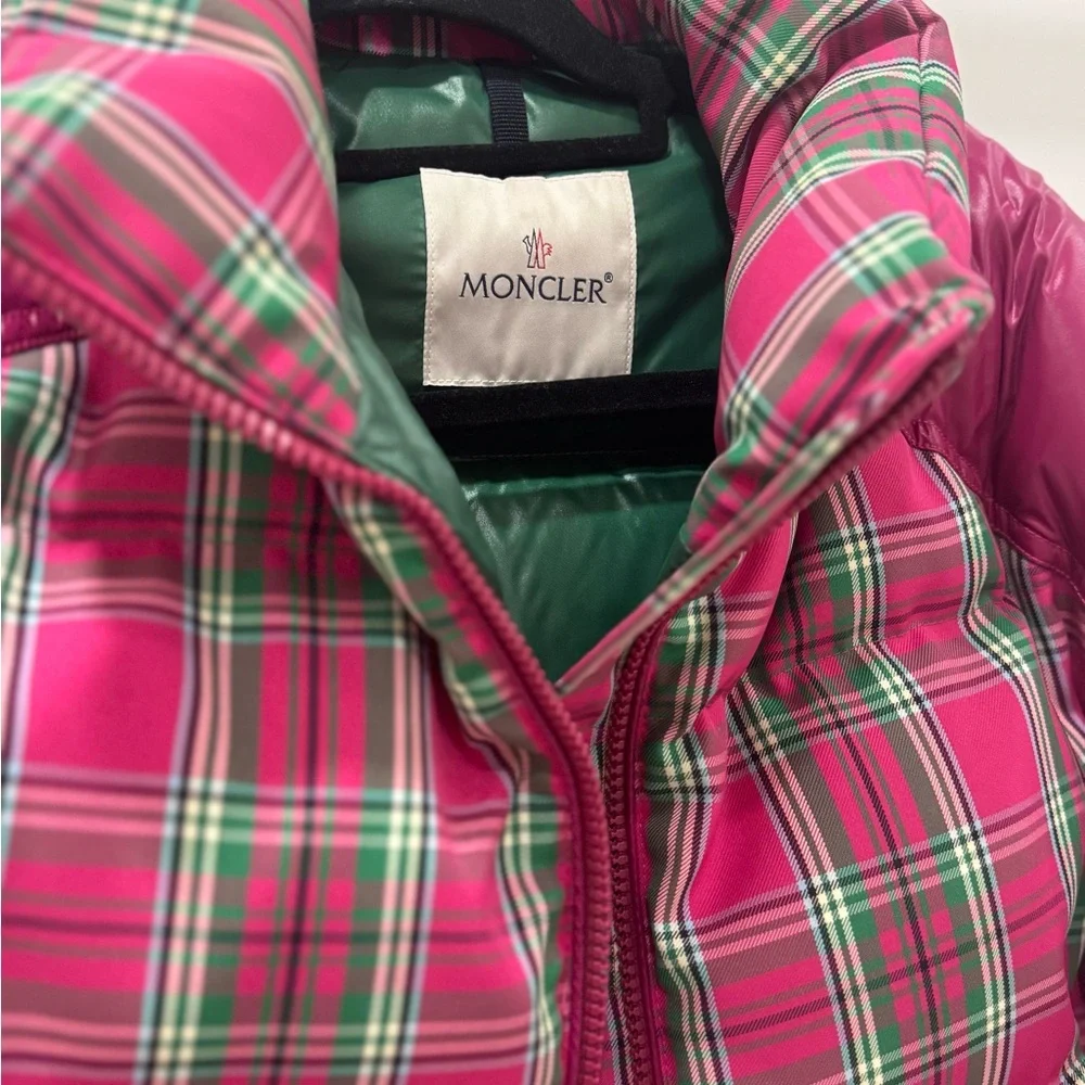 Moncler Vibrant Pink and Green Plaid Kids Puffer Jacket - Picture 2 of 6